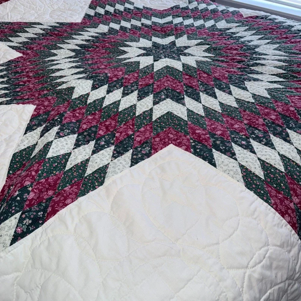 Handmade Lone Star Quilt Full Queen Burgundy Green Floral Patchwork Excellent‎